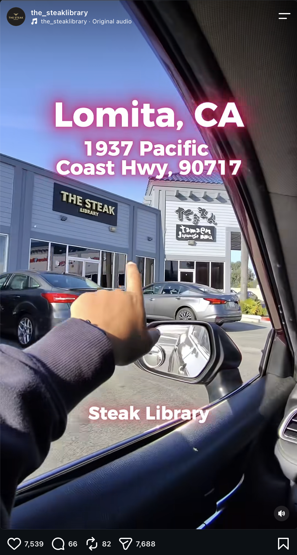 The Steak Library promotional post with 7,688 shares visible in Instagram